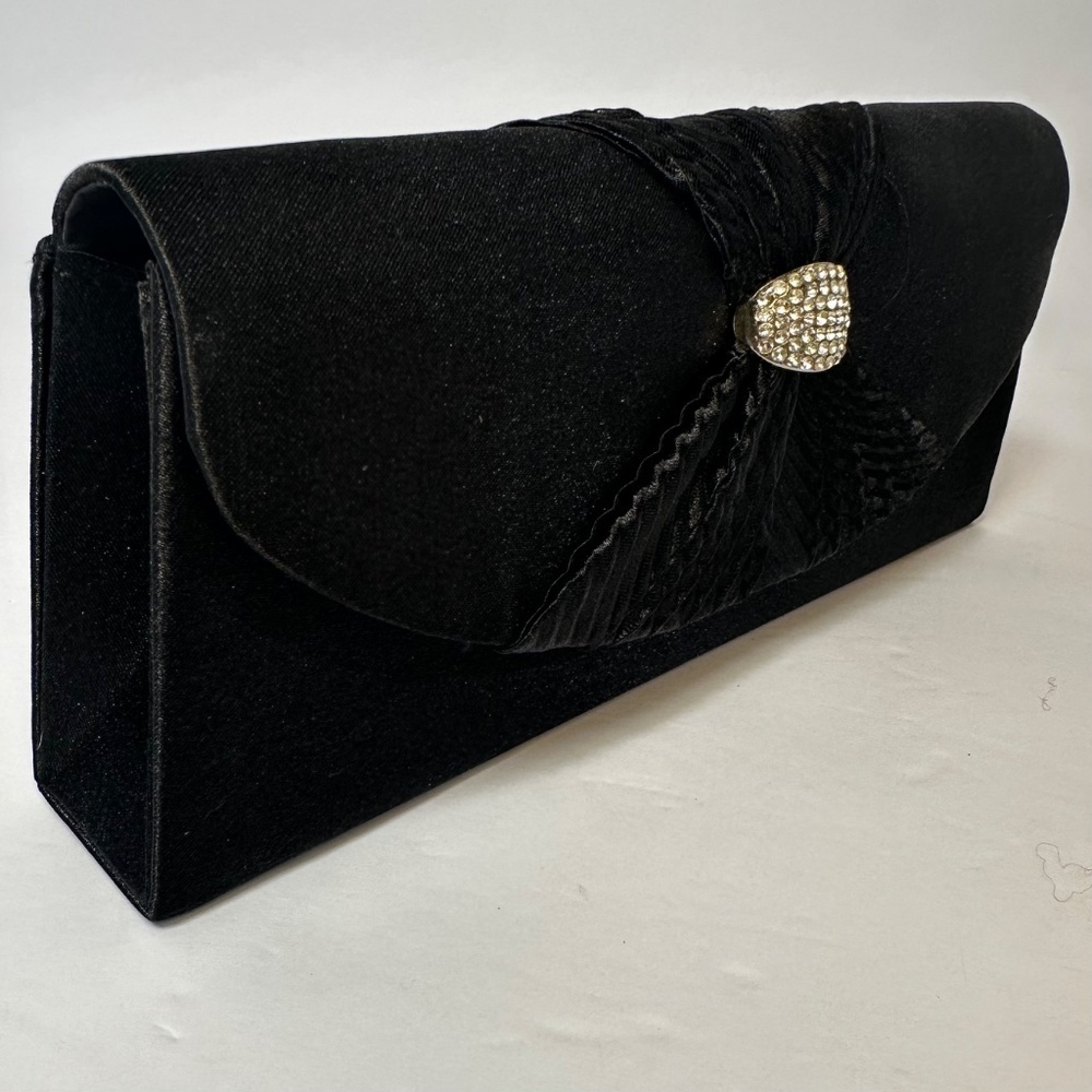 Vintage Black Satin Evening Clutch with Rhinestone Clasp & Chain Strap - Picture 5 of 8